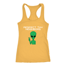 Load image into Gallery viewer, Women's Alien T-Shirt - Respect Thy Neighbors White Text