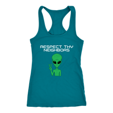 Load image into Gallery viewer, Women's Alien T-Shirt - Respect Thy Neighbors White Text