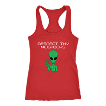 Load image into Gallery viewer, Women's Alien T-Shirt - Respect Thy Neighbors White Text