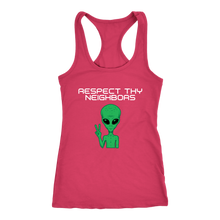 Load image into Gallery viewer, Women's Alien T-Shirt - Respect Thy Neighbors White Text