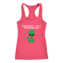 Load image into Gallery viewer, Women's Alien T-Shirt - Respect Thy Neighbors White Text