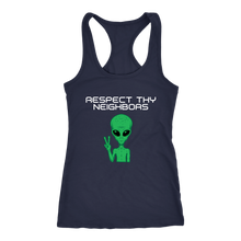 Load image into Gallery viewer, Women's Alien T-Shirt - Respect Thy Neighbors White Text