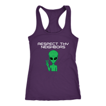 Load image into Gallery viewer, Women's Alien T-Shirt - Respect Thy Neighbors White Text