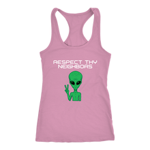 Load image into Gallery viewer, Women's Alien T-Shirt - Respect Thy Neighbors White Text