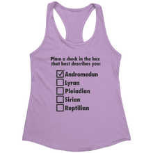 Load image into Gallery viewer, Andromedan_Check_Tank_Top_-_Black_Text_f_Lilac_Mockup.png_15370408