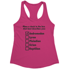 Load image into Gallery viewer, Andromedan_Check_Tank_Top_-_Black_Text_f_Raspberry_Mockup.png_15370411