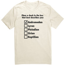 Load image into Gallery viewer, Andromedan_Check_the_Box_Mens_T-Shirt_-_Natural_Front_Mockup.png_15371363