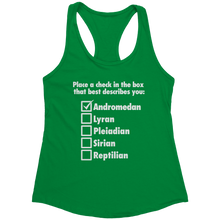 Load image into Gallery viewer, Andromedan_Check_the_Box_Tank_Top_-_Whit_Kelly_Green_Mockup.png_15370424