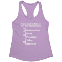 Load image into Gallery viewer, Andromedan_Check_the_Box_Tank_Top_-_Whit_Lilac_Mockup.png_15370426