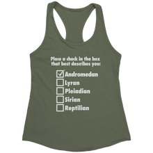 Load image into Gallery viewer, Andromedan_Check_the_Box_Tank_Top_-_Whit_Military_Green_Mockup.png_15370427