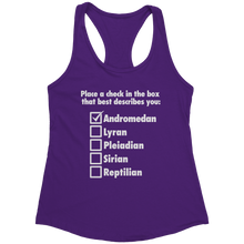 Load image into Gallery viewer, Andromedan_Check_the_Box_Tank_Top_-_Whit_Purple_Rush_Mockup.png_15370429
