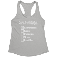 Load image into Gallery viewer, Andromedan_Check_the_Box_Tank_Top_-_Whit_Silver_Mockup.png_15370432