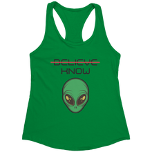 Load image into Gallery viewer, Believe_Know_Alien_Tank_Top_-_Black_Tex_Kelly_Green_Mockup.png_15367899