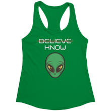 Load image into Gallery viewer, Believe_Know_Alien_Tank_Top_-_White_Tex_Kelly_Green_Mockup.png_15367910