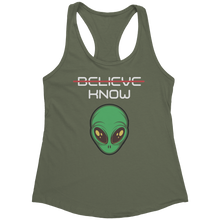 Load image into Gallery viewer, Believe_Know_Alien_Tank_Top_-_White_Tex_Military_Green_Mockup.png_15367913