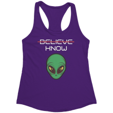 Load image into Gallery viewer, Believe_Know_Alien_Tank_Top_-_White_Tex_Purple_Rush_Mockup.png_15367915