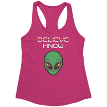 Load image into Gallery viewer, Believe_Know_Alien_Tank_Top_-_White_Tex_Raspberry_Mockup.png_15367916