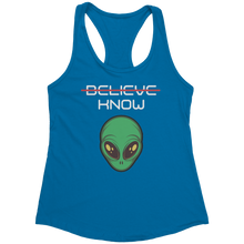 Load image into Gallery viewer, Believe_Know_Alien_Tank_Top_-_White_Tex_Turquoise_Mockup.png_15367919