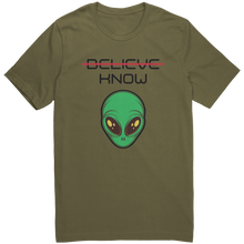 Load image into Gallery viewer, Mens_Alien_Shirt_-_Believe_Know_-_Blac_Military_Green_Mockup.png_15364481