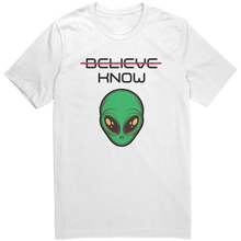 Load image into Gallery viewer, Mens_Alien_Shirt_-_Believe_Know_-_Blac_White_Mockup.png_15364486