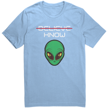 Load image into Gallery viewer, Mens_Alien_Shirt_-_Believe_Know_-_Whit_Baby_Blue_Mockup.png_15364488