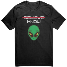 Load image into Gallery viewer, Mens_Alien_Shirt_-_Believe_Know_-_Whit_Black_Mockup.png_15364489