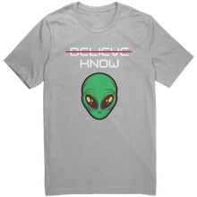 Load image into Gallery viewer, Mens_Alien_Shirt_-_Believe_Know_-_Whit_Silver_Mockup.png_15364493