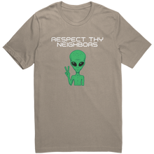 Load image into Gallery viewer, Mens_Alien_T-Shirt_Respect_They_Neighbo_Tan_Mockup.png_15365204