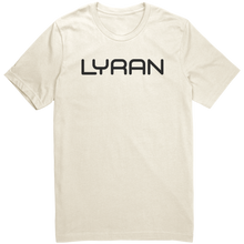 Load image into Gallery viewer, Mens_Lyran_T-Shirt_Black_Text_-_New_Natural_Front_Mockup.png_15367402