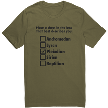 Load image into Gallery viewer, Mens_Pleiadian_T-Shirt_Black_Text_-_New_Military_Green_Mockup.png_15364883