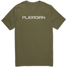 Load image into Gallery viewer, Pleiadian_Mens_T-Shirt_White_Text_-_New_Military_Green_Mockup.png_15367435