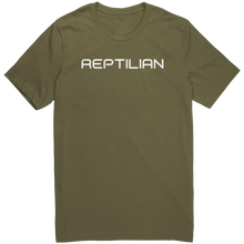 Load image into Gallery viewer, Reptilian_T-Shirt_-_White_Text_for_Men_-_Military_Green_Mockup.png_15367541