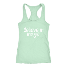 Load image into Gallery viewer, women&#39;s lime green white text believe in magic tank top t-shirt