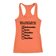 Load image into Gallery viewer, women&#39;s orange andromedan alien t-shirt tank top