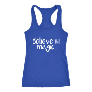 women's blue white text believe in magic tank top t-shirt