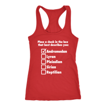 Load image into Gallery viewer, Women&#39;s red andromedan alien tank top t-shirt