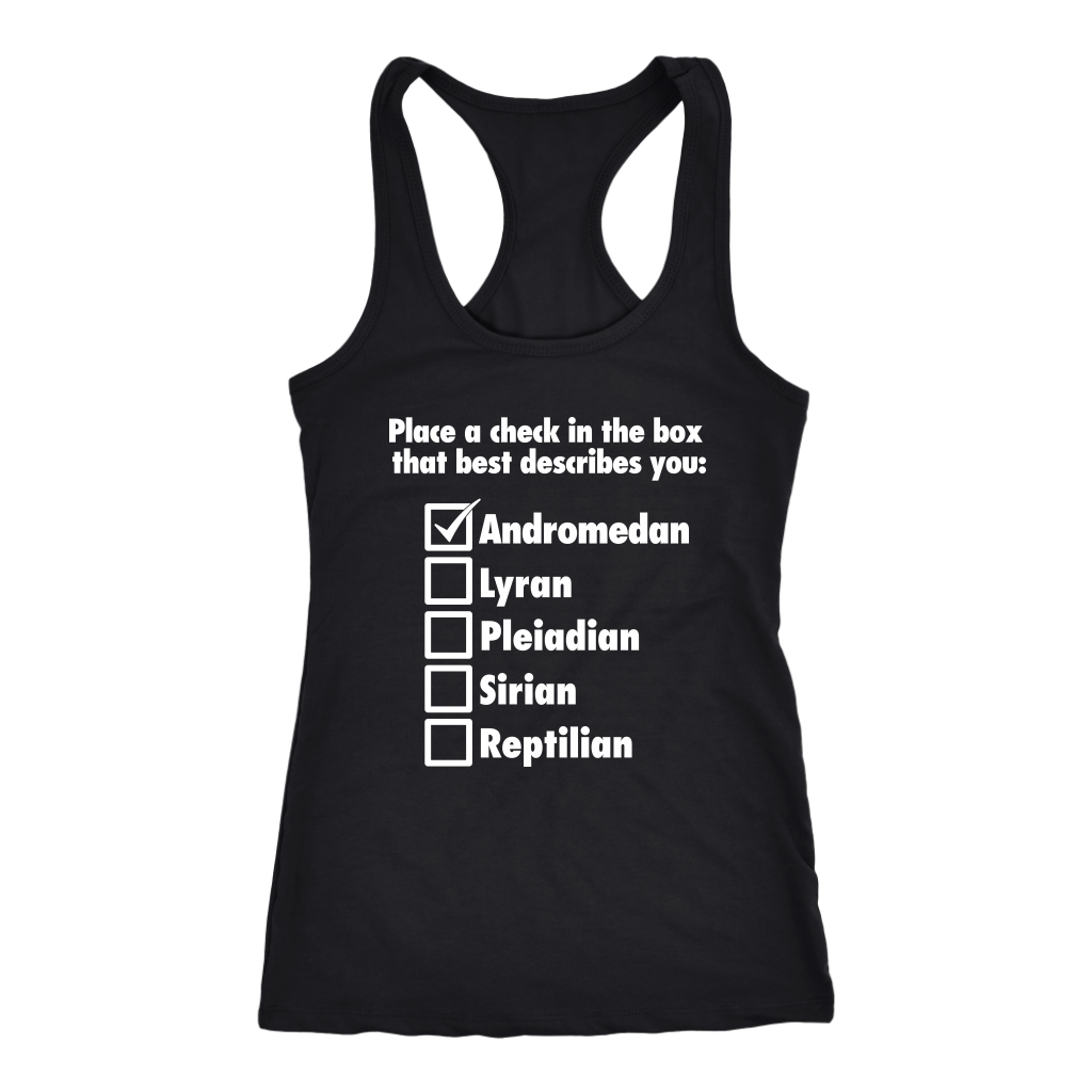 Women's black Andromedan alien tank top t-shirt