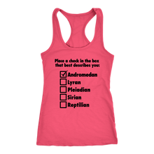 Load image into Gallery viewer, women&#39;s coral pink andromedan alien t-shirt tank top