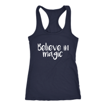 Load image into Gallery viewer, women&#39;s dark blue white text believe in magic tank top t-shirt
