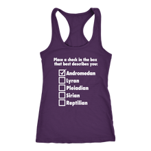 Load image into Gallery viewer, women&#39;s purple andromedan alien tank top t-shirt