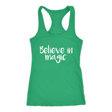 Load image into Gallery viewer, women&#39;s green white text believe in magic tank top t-shirt
