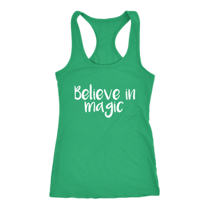 women's green white text believe in magic tank top t-shirt
