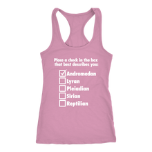 Load image into Gallery viewer, women&#39;s light pink andromedan alien tank top t-shirt