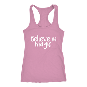 women's light pink white text believe in magic tank top t-shirt